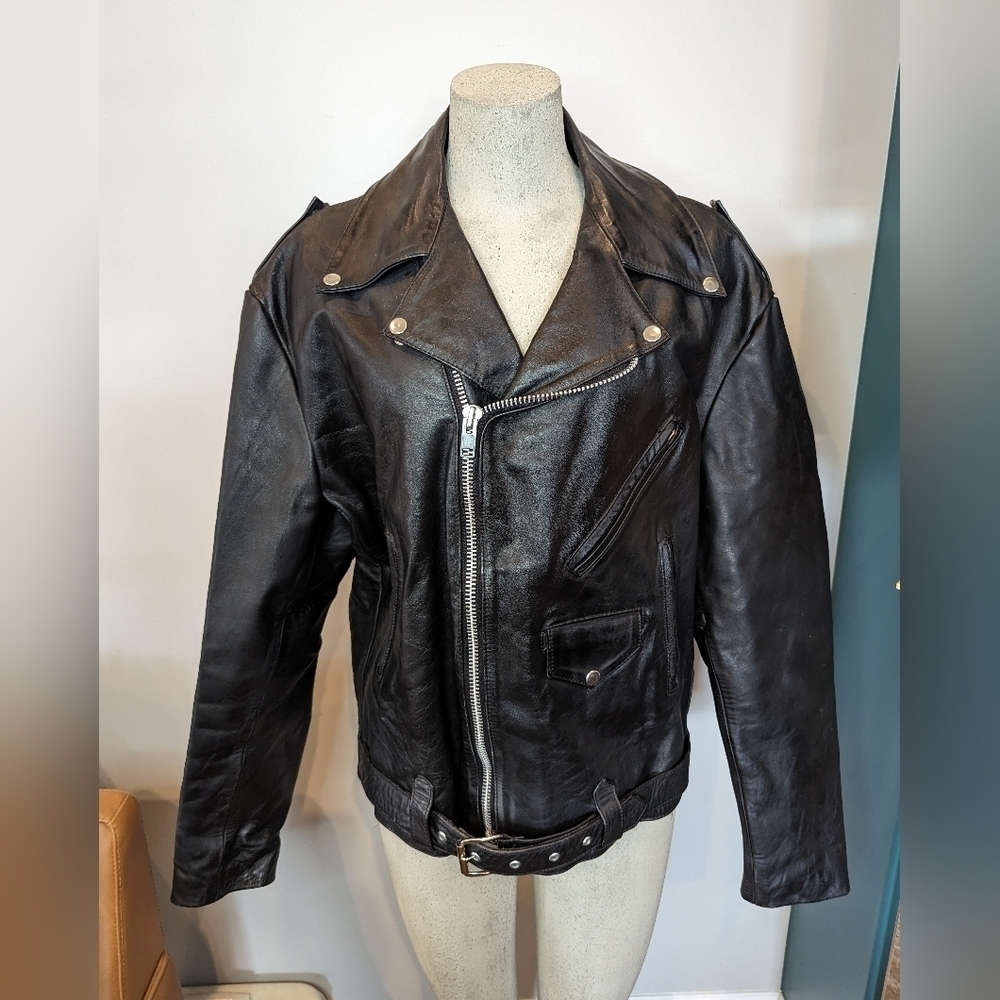 Vintage 1980's Heavy Genuine Leather Motorcycle Jacket, Size 46  L/XL